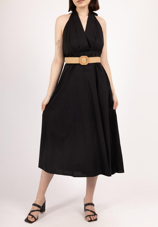 COTTON HALTERNECK BELTED DRESS - 8-12 - BLACK