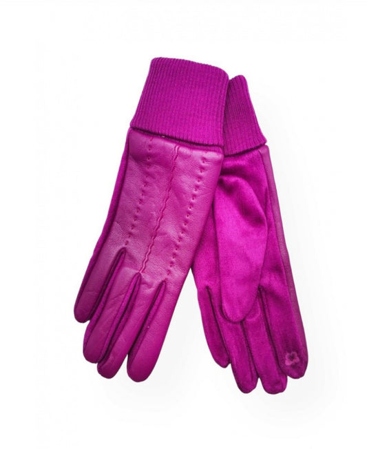 LEATHERETTE/VELOUR STITCH DETAIL GLOVE - MAGENTA