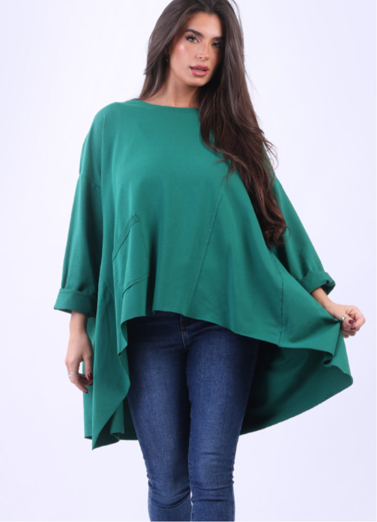 COTTON DIP HEM TUNIC TOP - 14-18 - BOTTLE GREEN