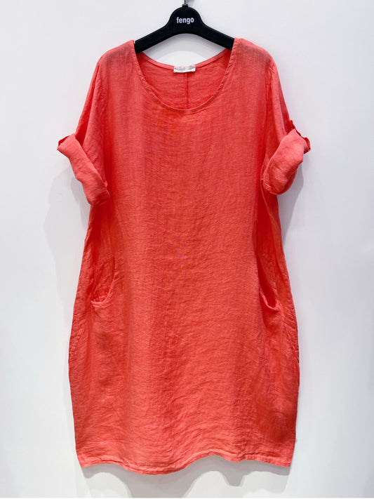 POCKET DETAIL LINEN DRESS- 10-14/16 - CORAL
