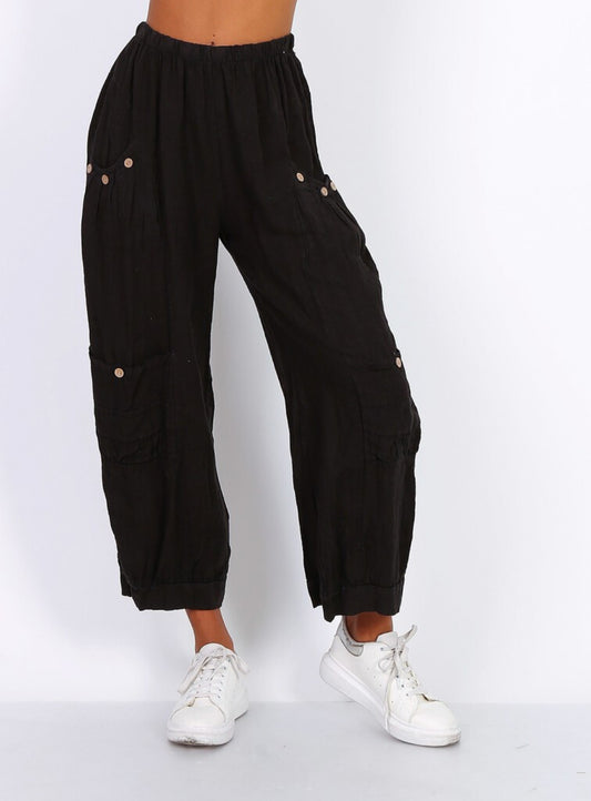 CARGO LINEN PANTS - 10-16 - BLACK