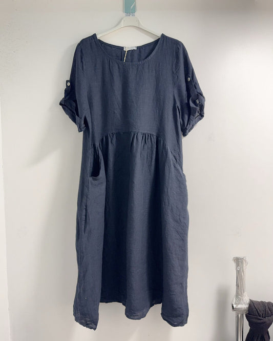 POCKET LINEN DRESS - 8-14 - NAVY