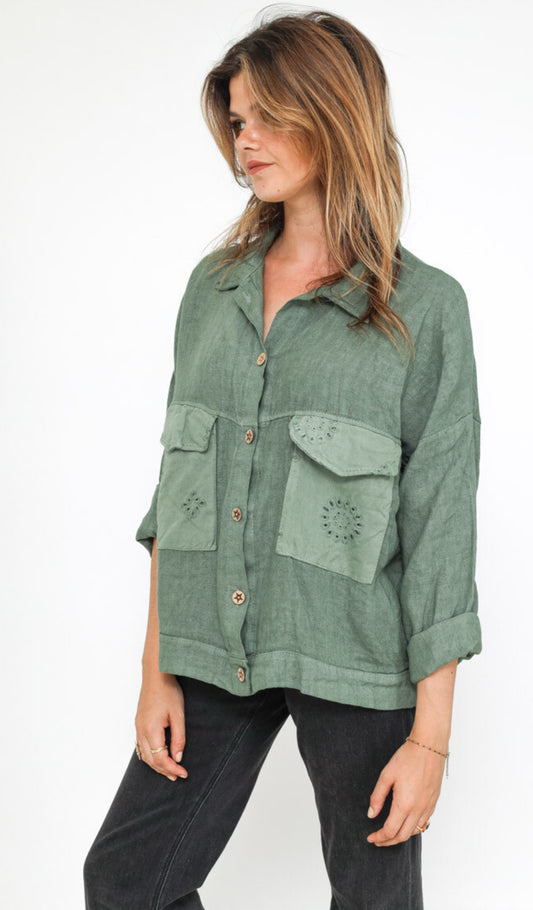 LINEN POCKET DETAIL JACKET - 10-16 - KHAKI