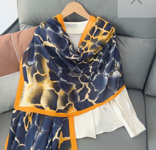 COTTON FEEL ABSTRACT PRINT SCARF - NAVY