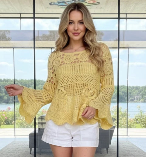 CROCHET BELL SLEEVE TOP - 8-14 - YELLOW