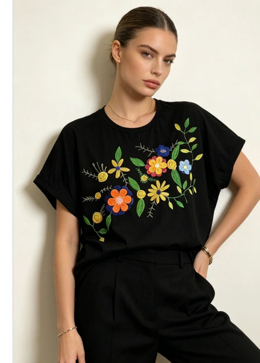 COTTON FLORAL EMBROIDERED TEE - 10-16