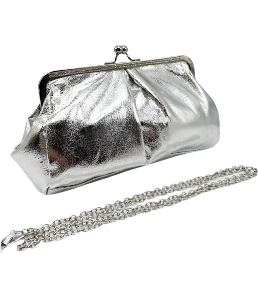 SILVER METALLIC CLUTCH BAG WITH LONG CHAIN STRAP