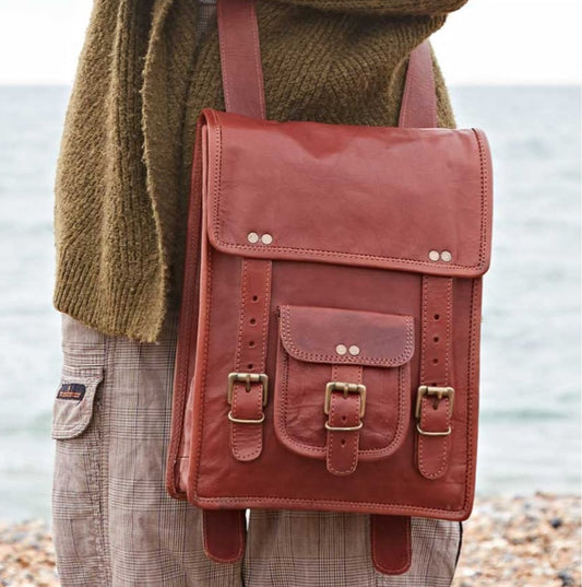 100% LEATHER SATCHEL STYLE BACKPACK. - HANDMADE IN INDIA - holds up to 13inch laptop/tablet