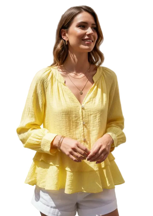 FRILL BUTTON BLOUSE - 8-14 - LEMON