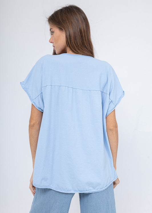 FLOWER PRINT JERSEY BACK TOP - 10-16 - BABY BLUE