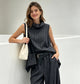 PINSTRIPE COWL NECK TOP - 10-14 - CHARCOAL