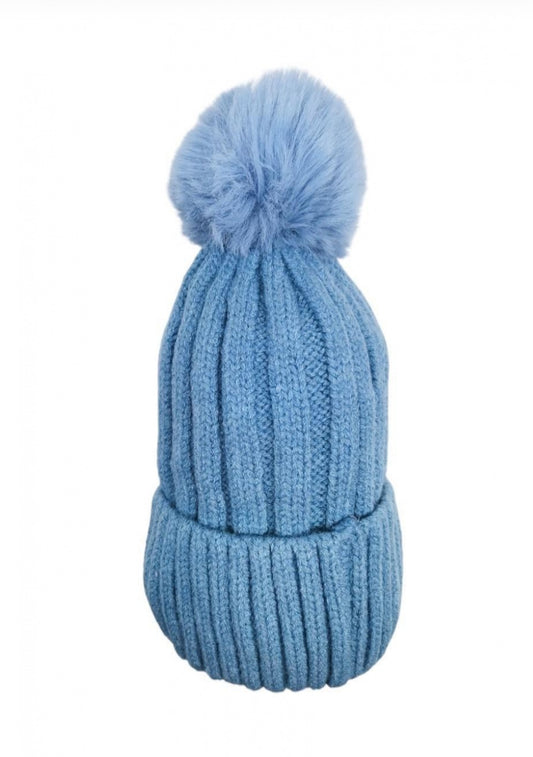 FLEECE LINED KNIT POM HAT - BLUE