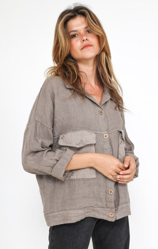 LINEN POCKET DETAIL JACKET - 10-16 - TAUPE