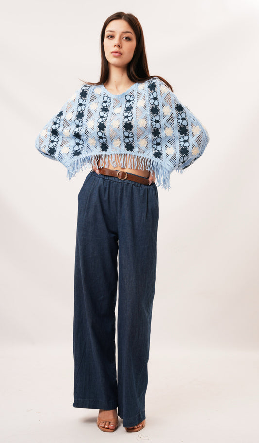 CROCHET FRINGED TOP - 8-12- BLUE