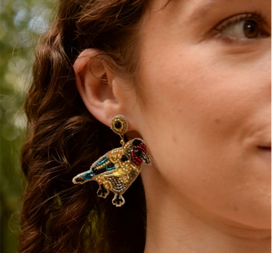 HANDMADE GLASS BEAD EARRINGS - GOLD FINCH
