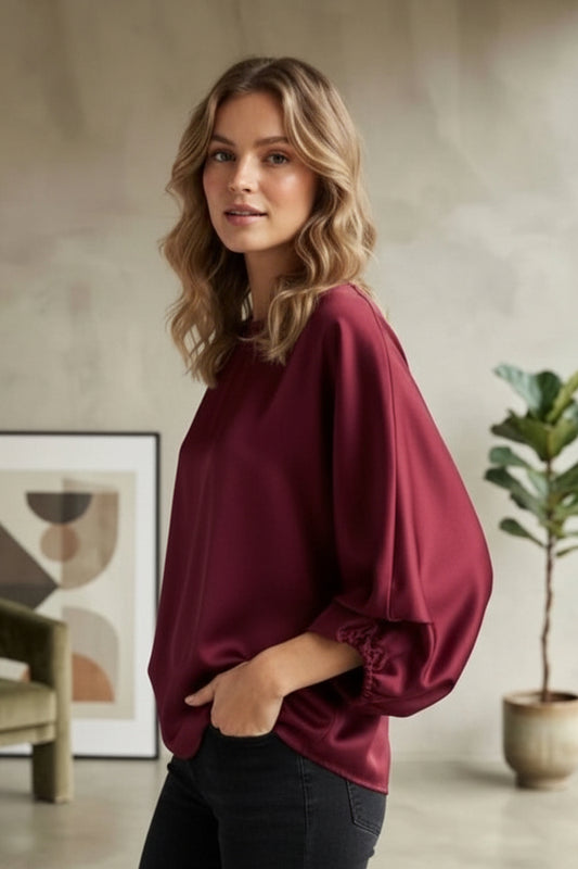 SATIN DRAPE TOP - 10-16 - BURGUNDY