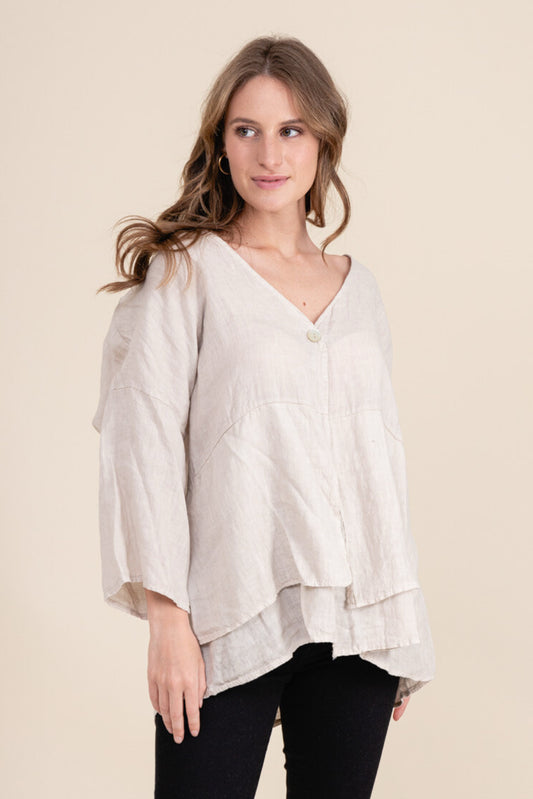 LAYERED HEM LINEN CARDI TOP - 10-16 - BEIGE