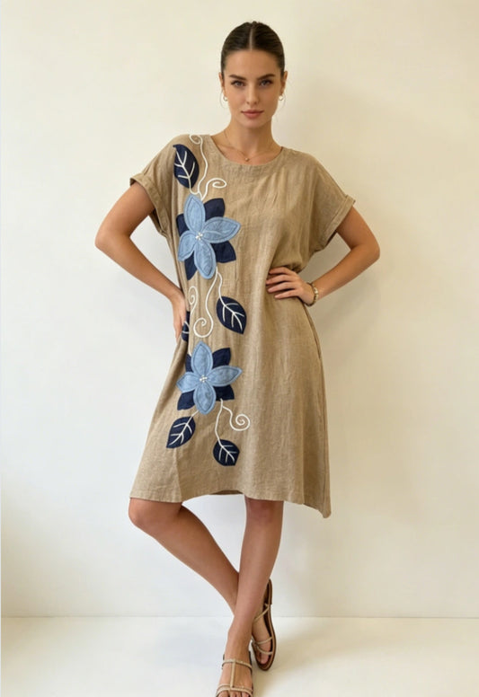 FLORAL APPLIQUÉ DRESS - 10-16 - TAUPE