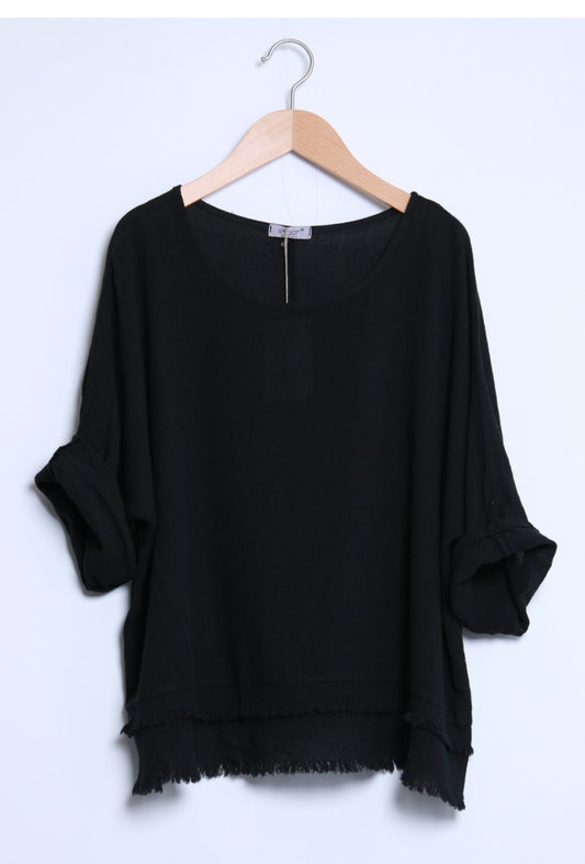 LAYERED HEM LINEN TOP - 10-16 - BLACK