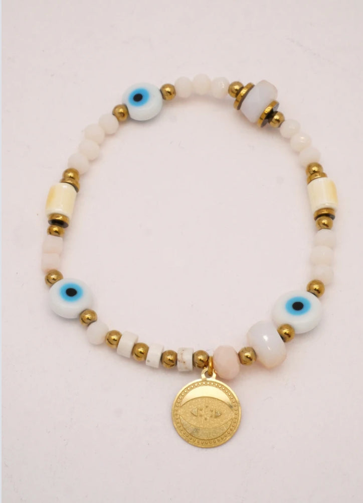 EVIL EYE BEAD BRACELET- WHITE