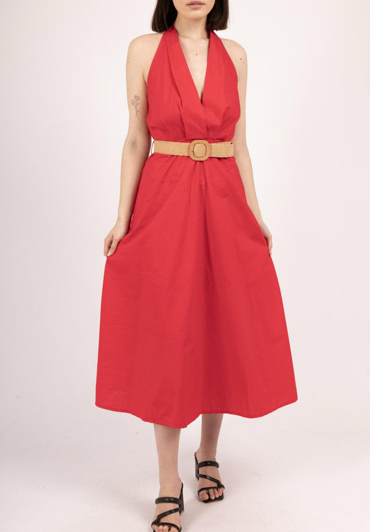 COTTON HALTERNECK BELTED DRESS - 8-12 - RED