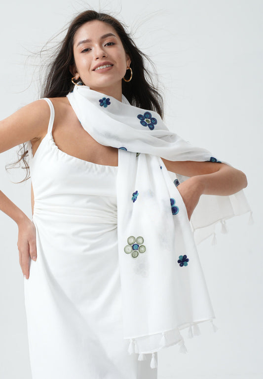 COTTON BLEND FLORAL EMBROIDERED SCARF WITH FRINGE - BLUE