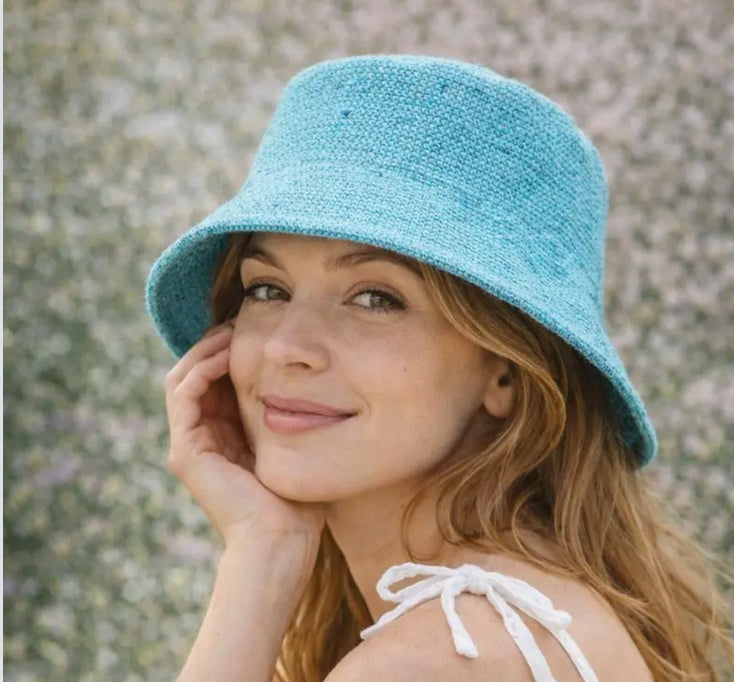 WOVEN SEQUIN BUCKET HAT - TURQUOISE