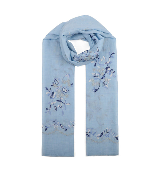 COTTON BLEND EMBROIDERED SCARF - BLUE
