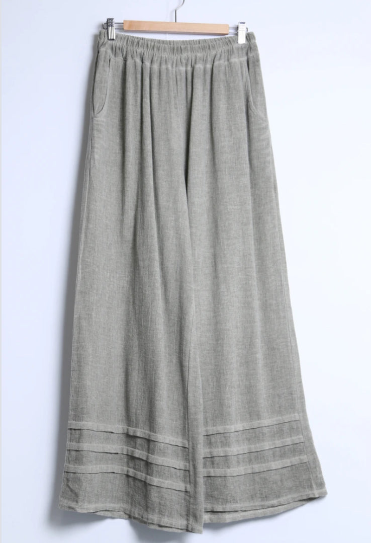 LINEN/COTTON PLEAT PALAZZO- 10-16 - KHAKI
