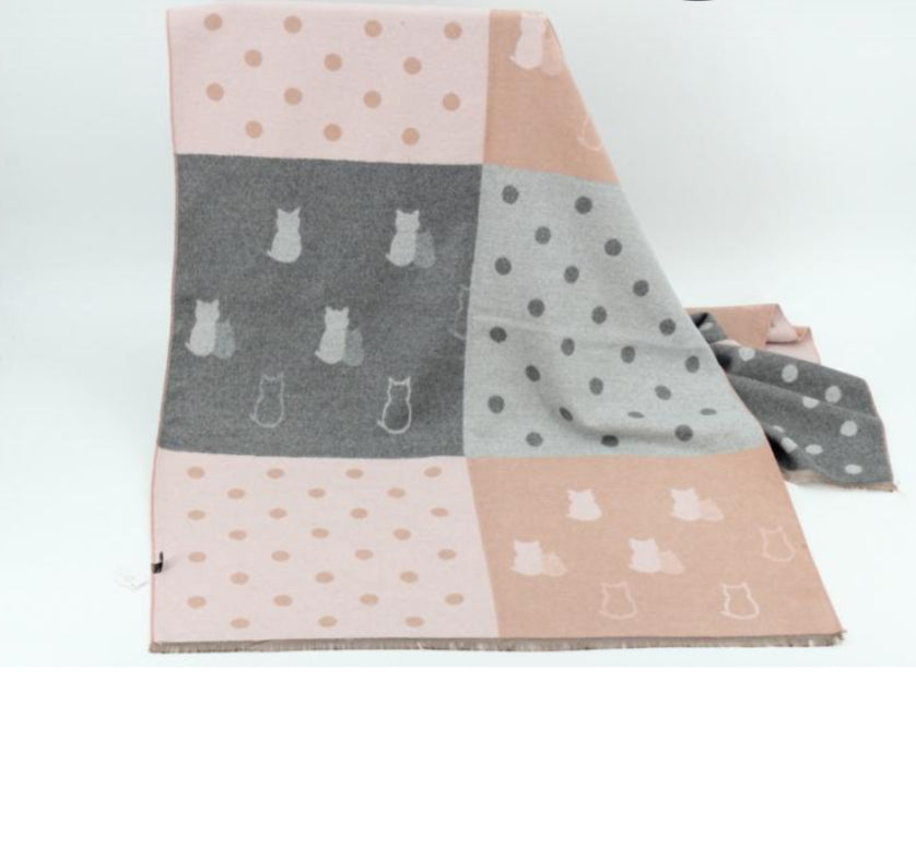 COTTON BLEND COSY DOUBLE SIDED CAT PRINT SCARF - PINK/GREY