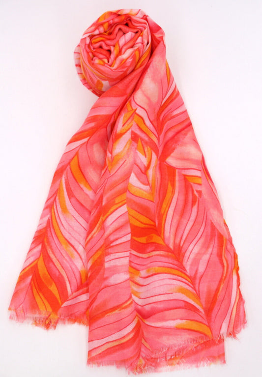 COTTON BLEND LEAF PRINT SCARF- RED