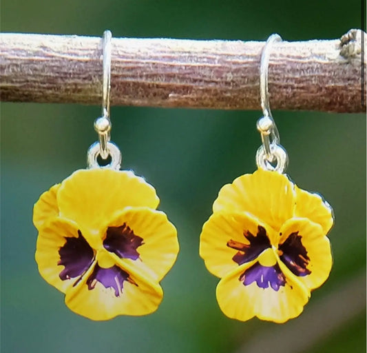 PANSY SILVER PLATED HAND ENAMELLED HOOK EARRINGS