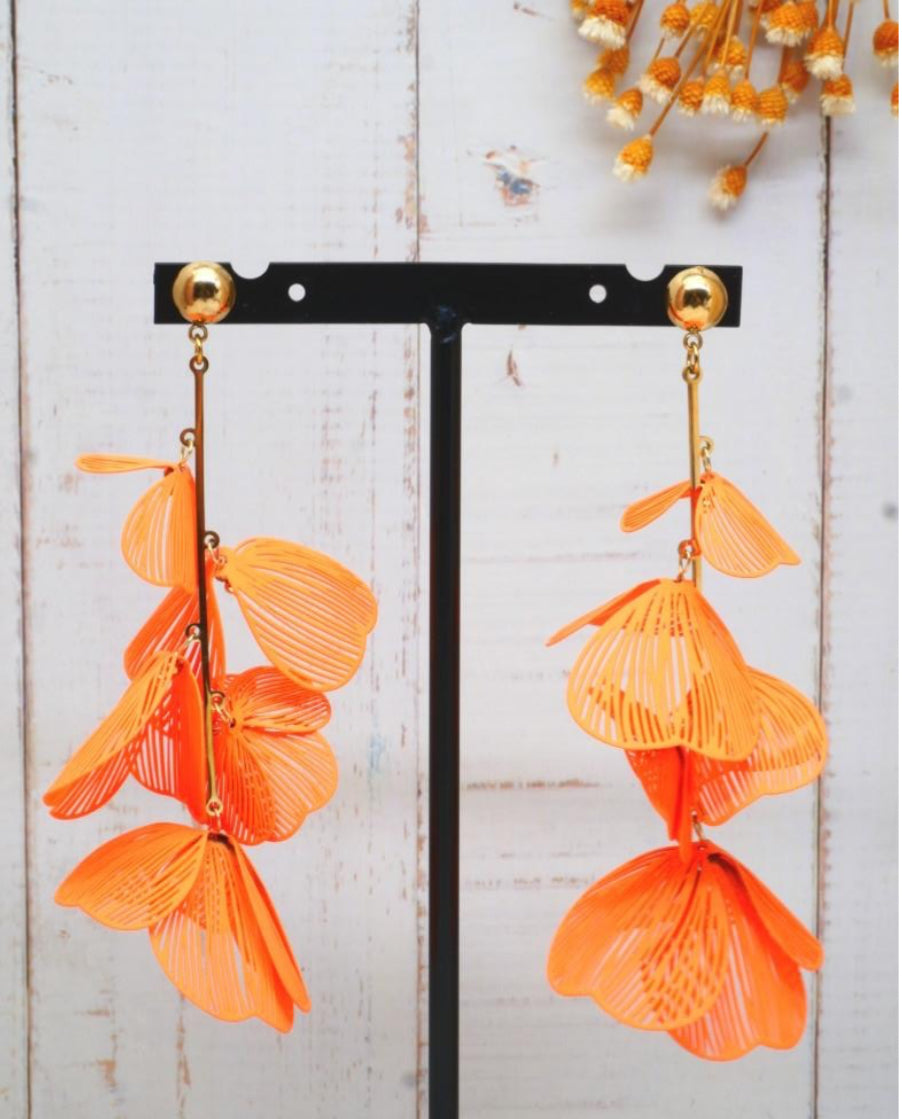 LONG ORANGE FLOWER STATEMENT EARRINGS