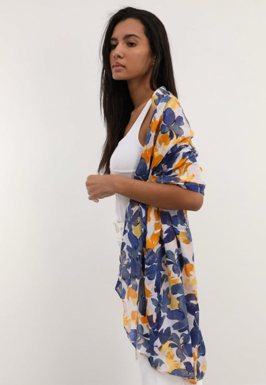 TROPICAL FLOWER PRINT SCARF - NAVY