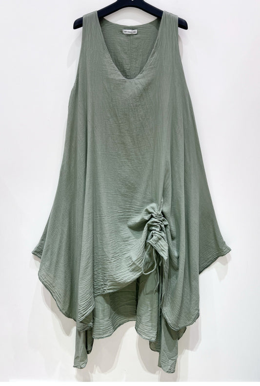 COTTON RUCH DETAIL DRESS - 10-16 - KHAKI