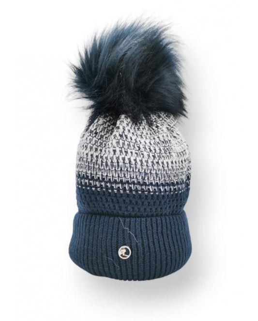 FLEECE LINED KNIT HAT WITH REMOVABLE POM - NAVY