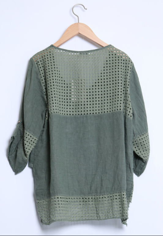 LINEN MESH DETAIL JACKET - 10-16 - KHAKI
