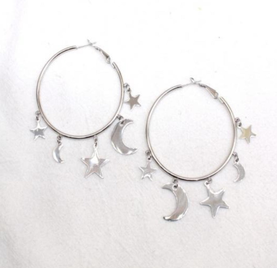 LARGE MOON & STARS HOOP EARRINGS - SILVER