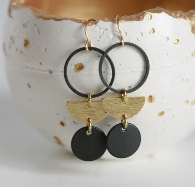 KAIKO - BLACK & BRASS CIRCLE & MOON EARRINGS- GOLD PLATED
