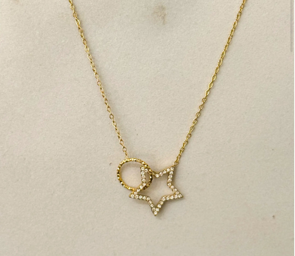 STAINLESS STEEL CUBIC ZIRCONIA STAR & CIRCLE NECKLACE