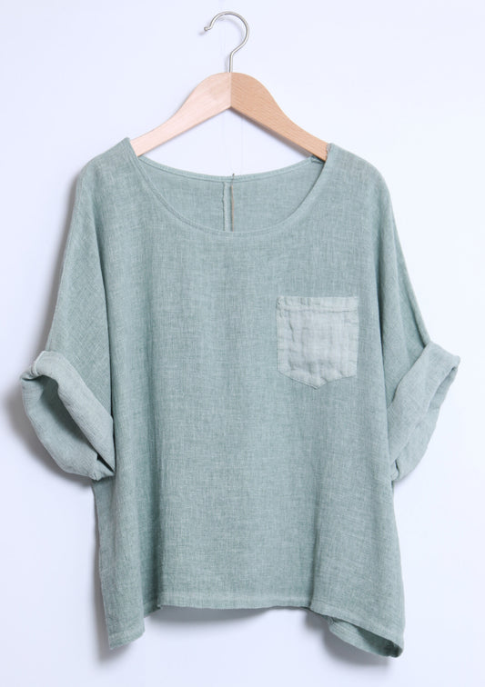 COTTON/LINEN BLEND POCKET TOP - 10-16 - MINT