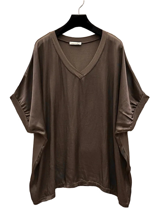 SATIN V NECK TOP - 10-16 - CHOCOLATE