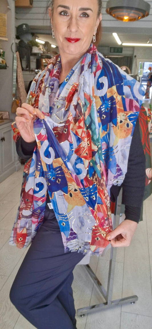 COTTON BLEND CAT PRINT SCARF - MULTI