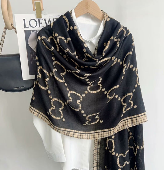 CC PRINT COTTON FEEL SCARF - BLACK