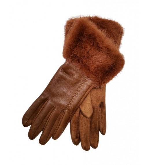 FUR TRIM LEATHERETTE GLOVES - CAMEL