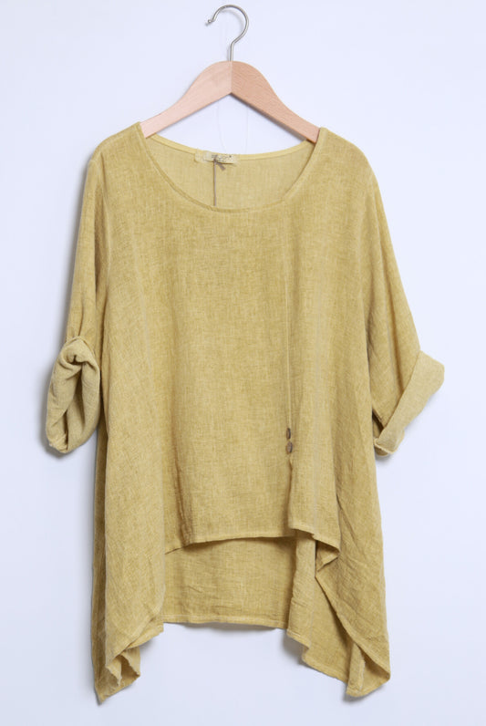 COTTON/LINEN BLEND DIP HEM TOP - 10-16 - OCHRE