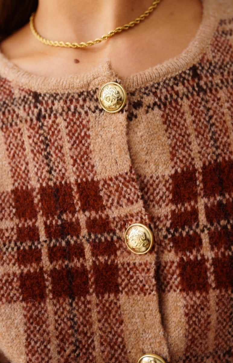 CHECK GOLD BUTTON JACKET - 10-14 - BURGUNDY