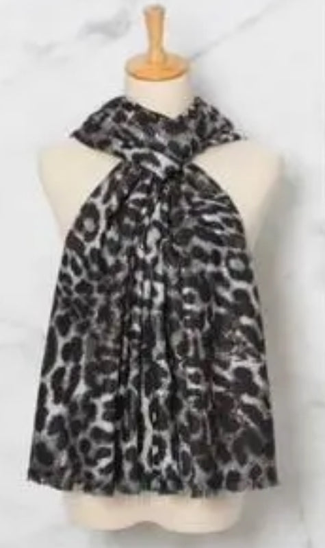 CHARCOAL ANIMAL PRINT SCARF - WOOL/COTTON BLEND