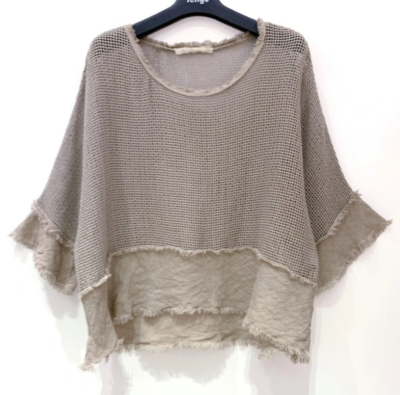 LINEN MESH TOP - 10-16 - BEIGE