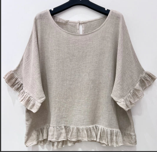 LINEN/COTTON FRILL HEM TOP - 10-16 - BEIGE